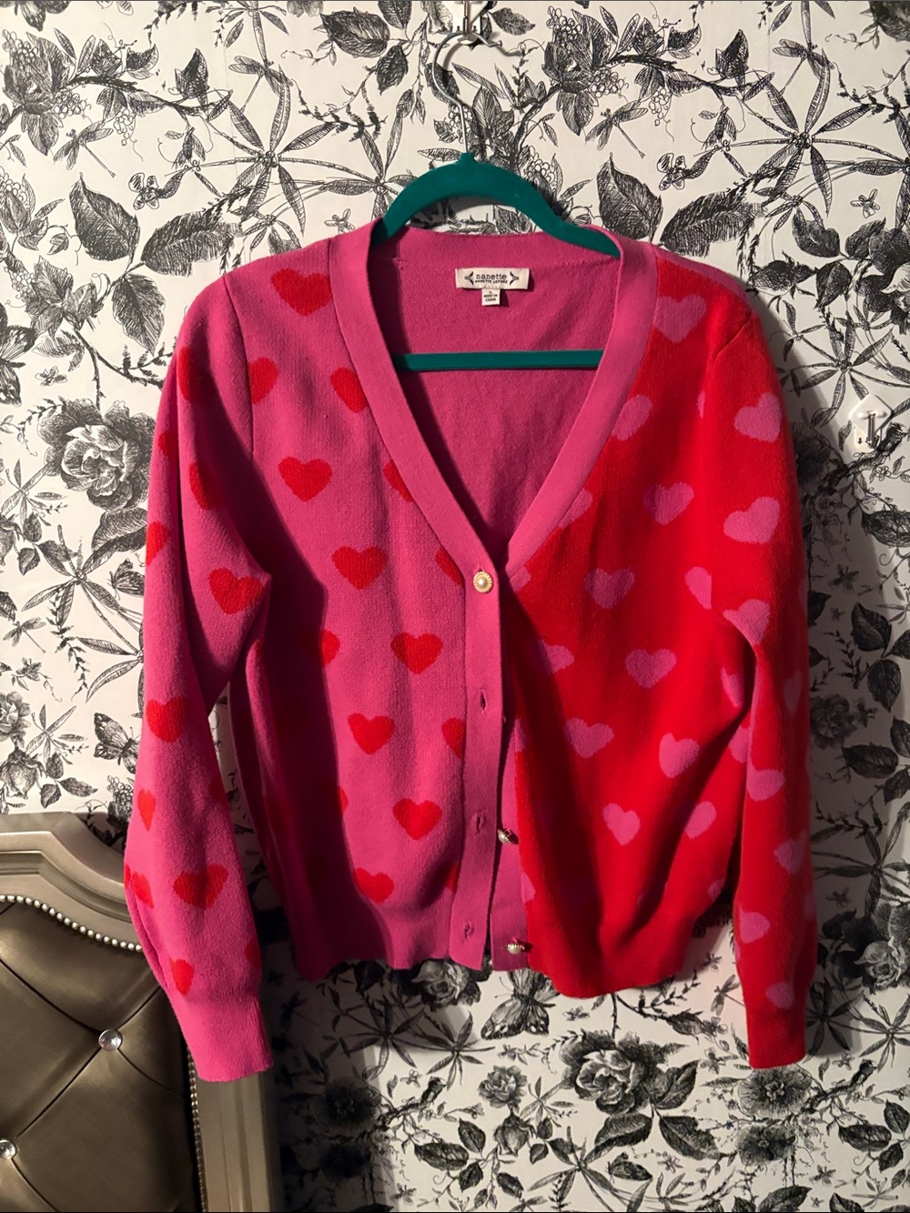 Nannette Pink & Red Heart Colorblock Cardigan